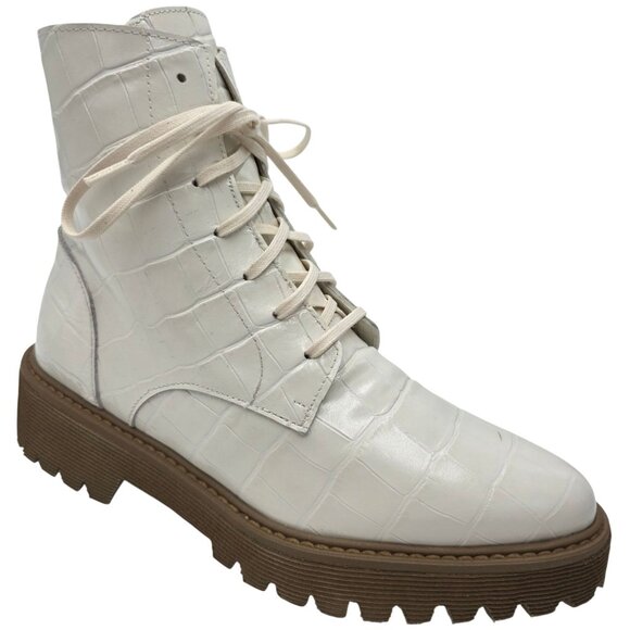 NEW Freda Salvador Emi Combat Boots Womens 5M Creme Leather Croc Embossed Shoes - Picture 9 of 16